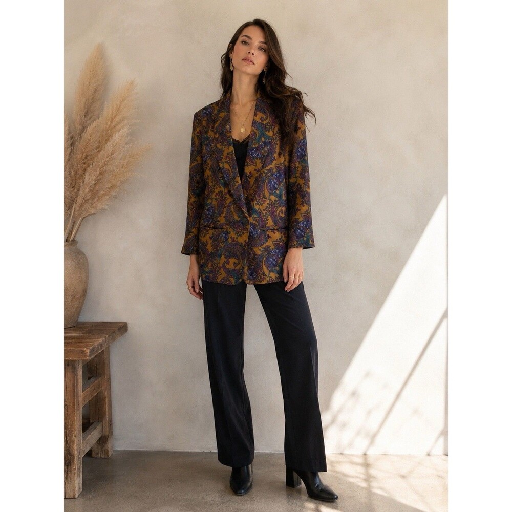 Michelle Stuart Vintage Silk Blazer Paisley 1 Button Shoulder Pads Size 8